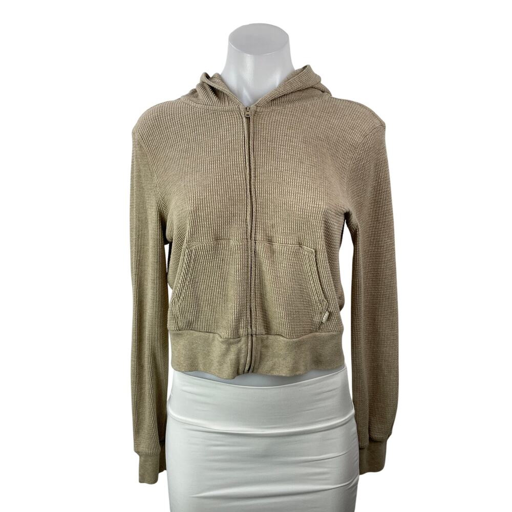 Aritzia TNA Tan Waffle Knit Thermal Full Zip Cropped Hoodie Hooded Sweatshirt S